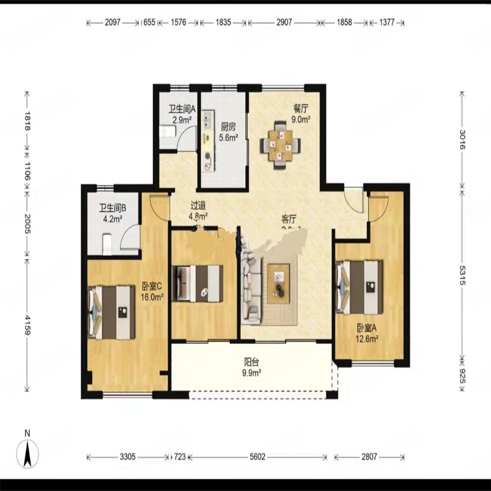 中南珑悦 3室2厅1卫 115m&sup2;