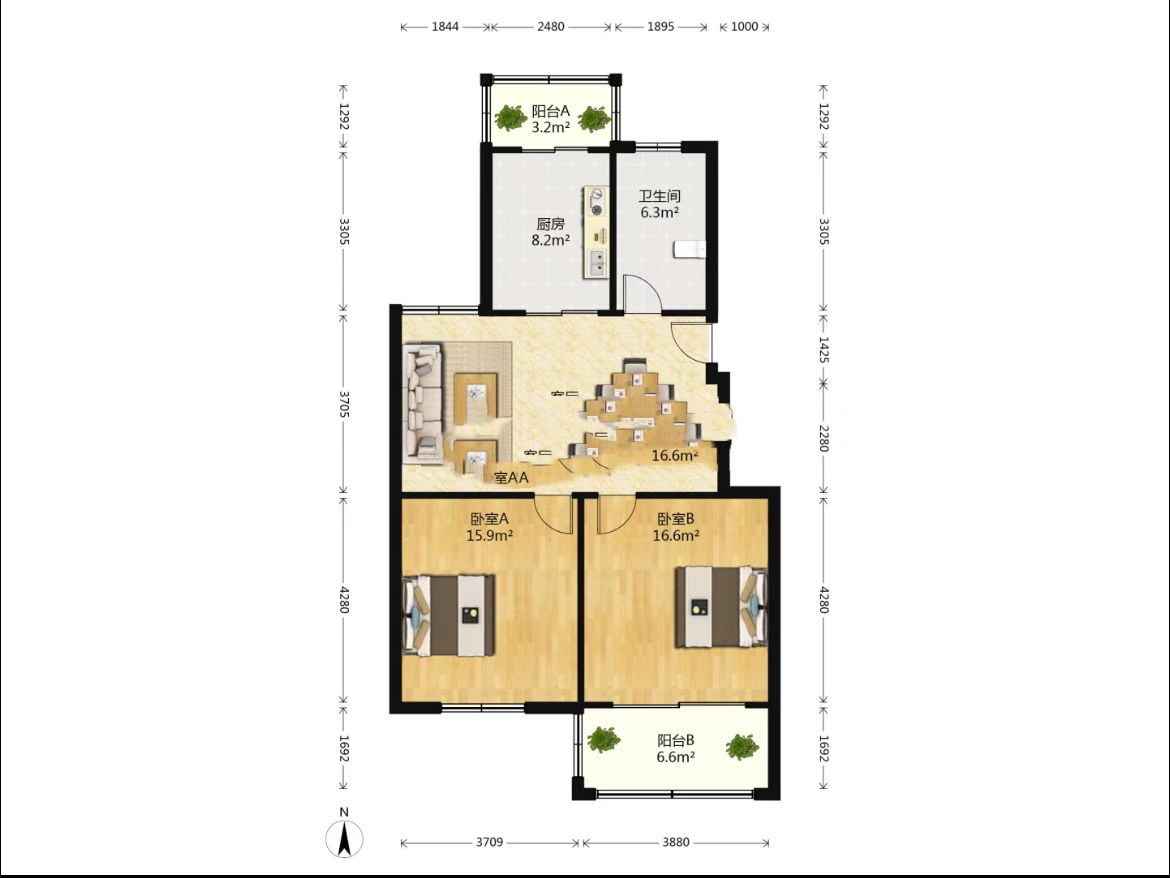 书院坊 2室1厅1卫 90m&sup2;