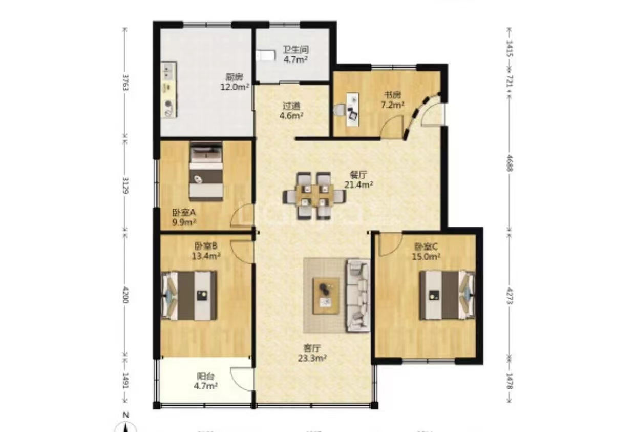富贵北园 3室2厅1卫 136.00m&sup2;