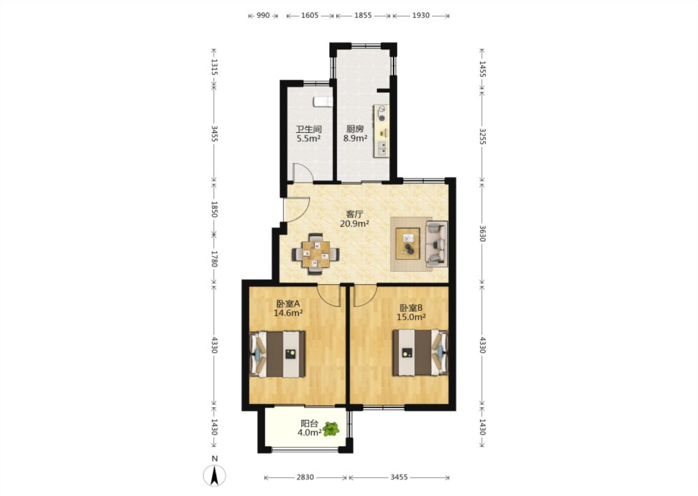紫东南苑南区 2室1厅1卫 90.60m&sup2;