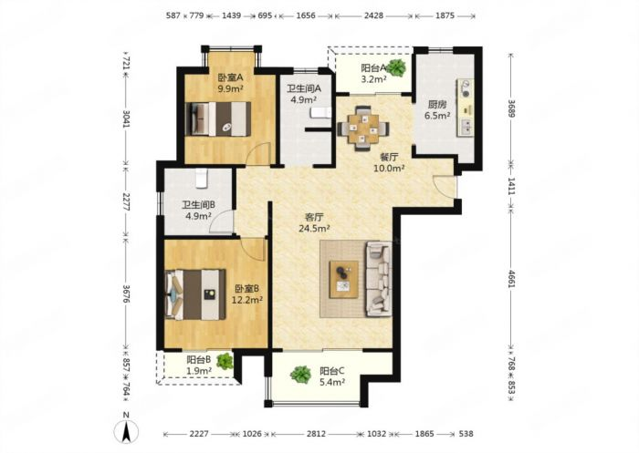 恒盛豪庭 2室2厅2卫 104.72m&sup2;