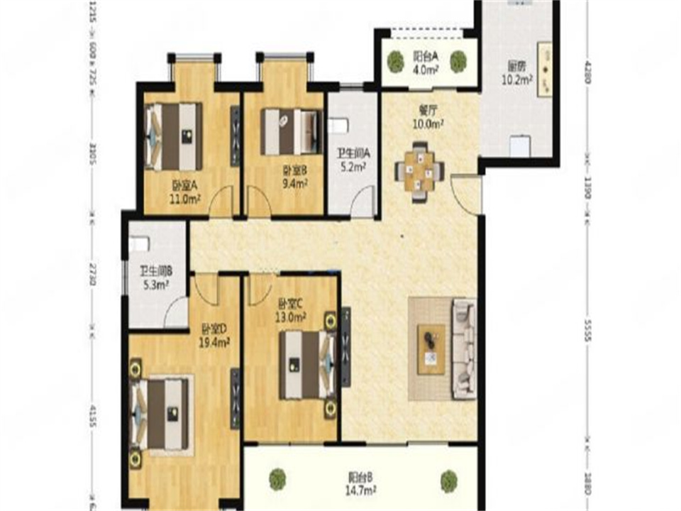 华强城 4室2厅2卫 160.00m&sup2;