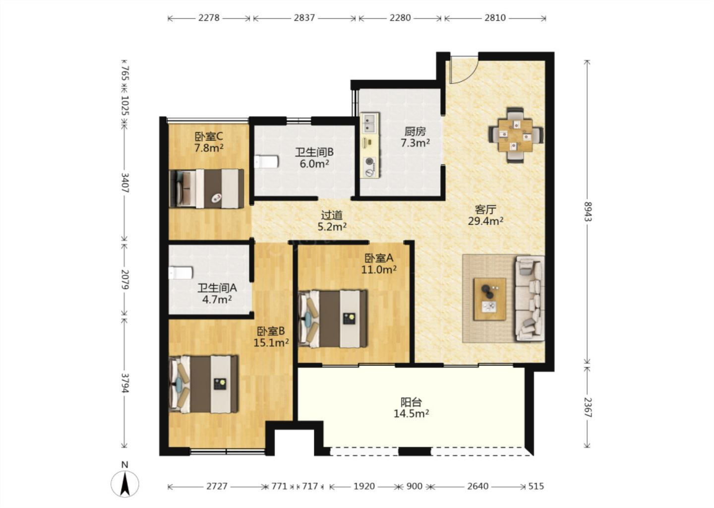 五洲御锦城 3室2厅1卫 114.5m&sup2;
