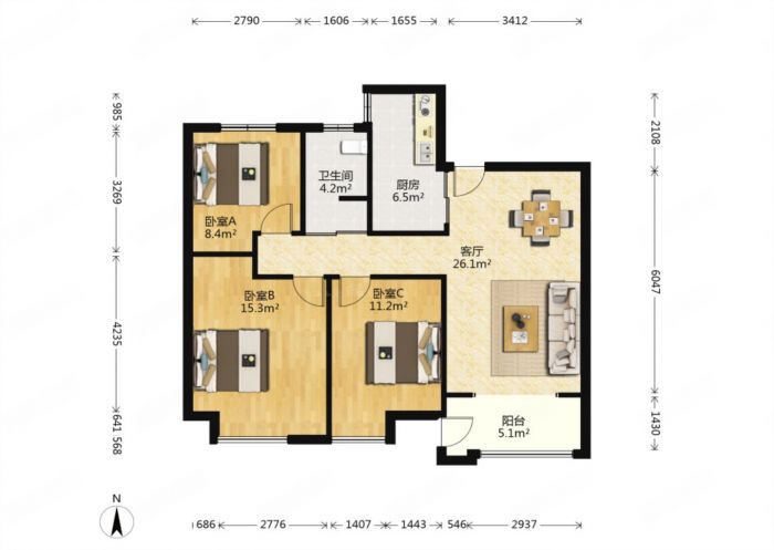 中海碧林湾 3室2厅1卫 97m&sup2;
