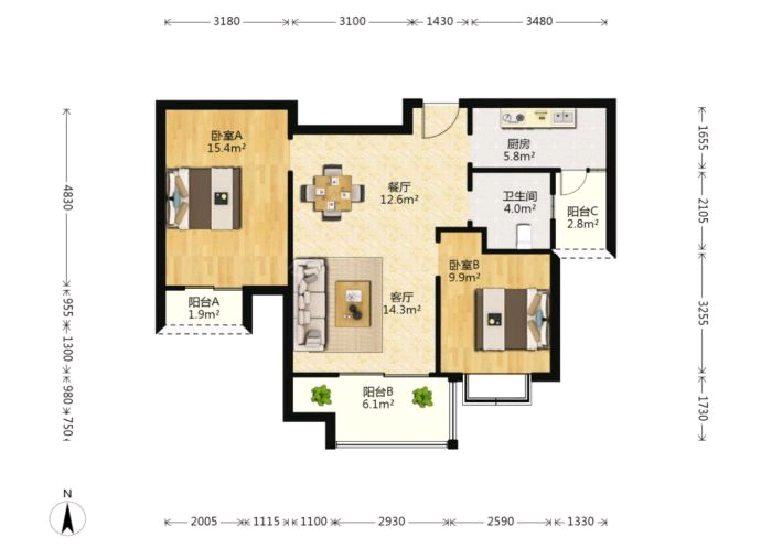 恒盛豪庭 2室1厅1卫 95m&sup2;
