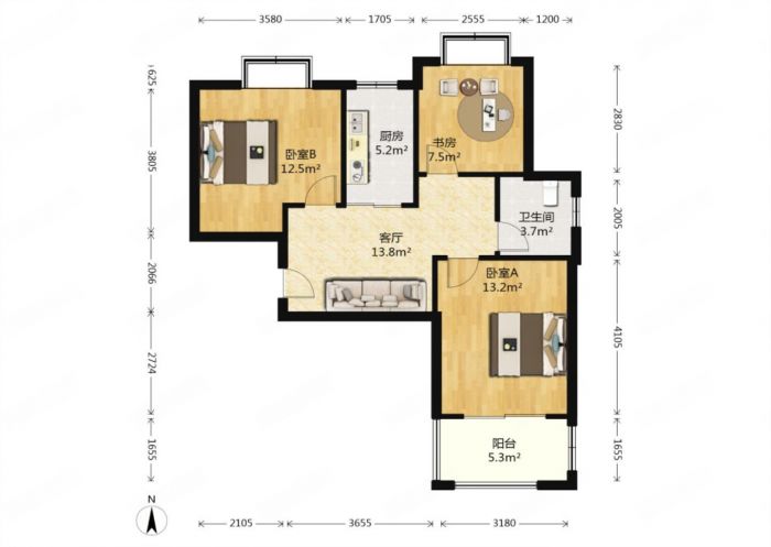 炜赋花苑 3室1厅1卫 90m&sup2;