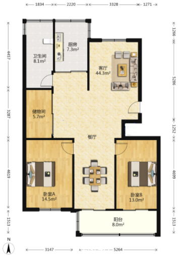 怡园北村北区 2室2厅1卫 130.00m&sup2;