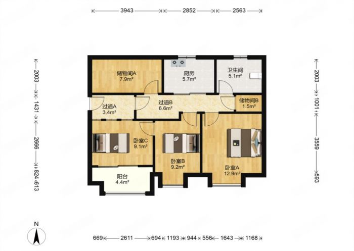 万科濠河传奇 2室1厅1卫 89m&sup2;