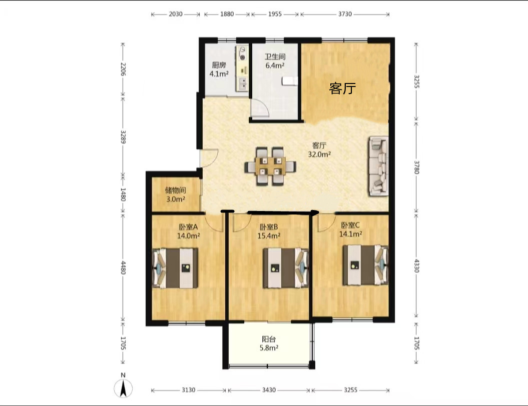 五山家园 3室2厅1卫 116m&sup2;
