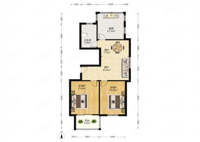 紫东南苑南区 2室1厅1卫 96m&sup2;