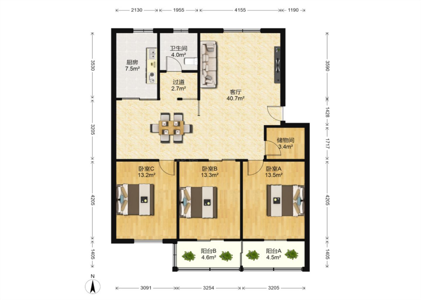 健康公寓 3室2厅1卫 130.75m&sup2;