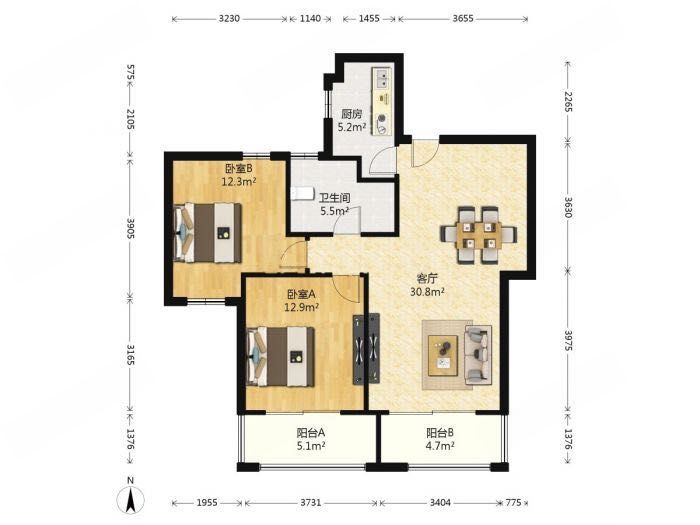 盛和花半里 2室2厅1卫 102m&sup2;