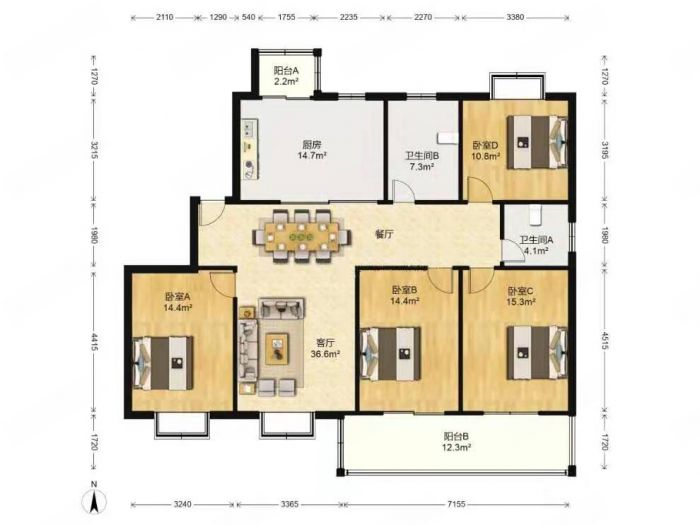 新东方花苑 4室2厅2卫 147m&sup2;