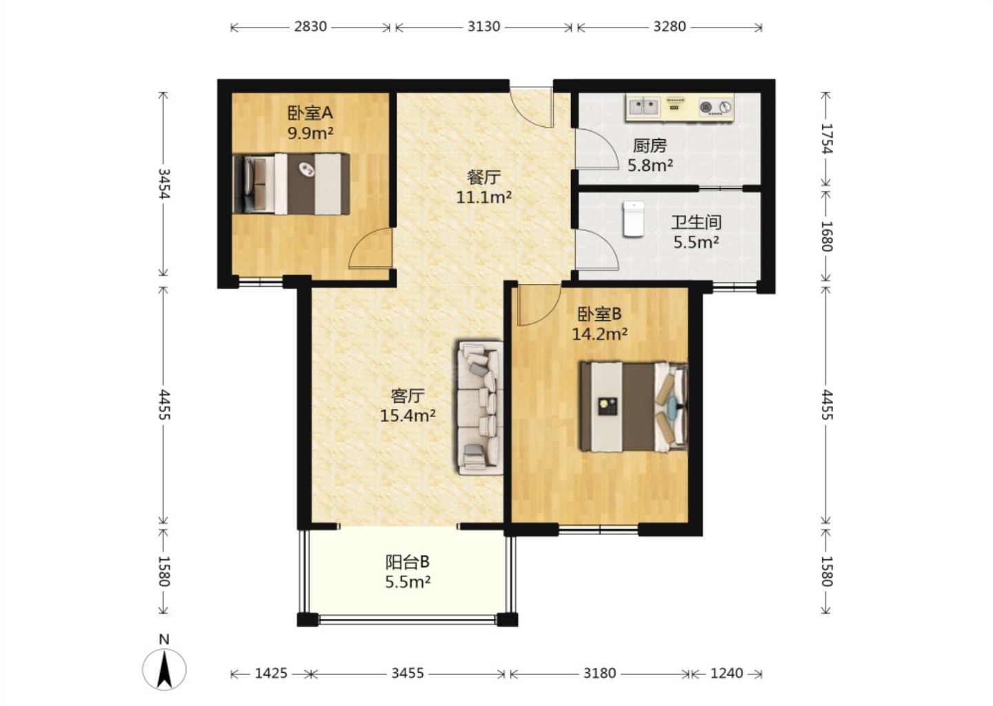 学士府 2室2厅1卫 87m&sup2;