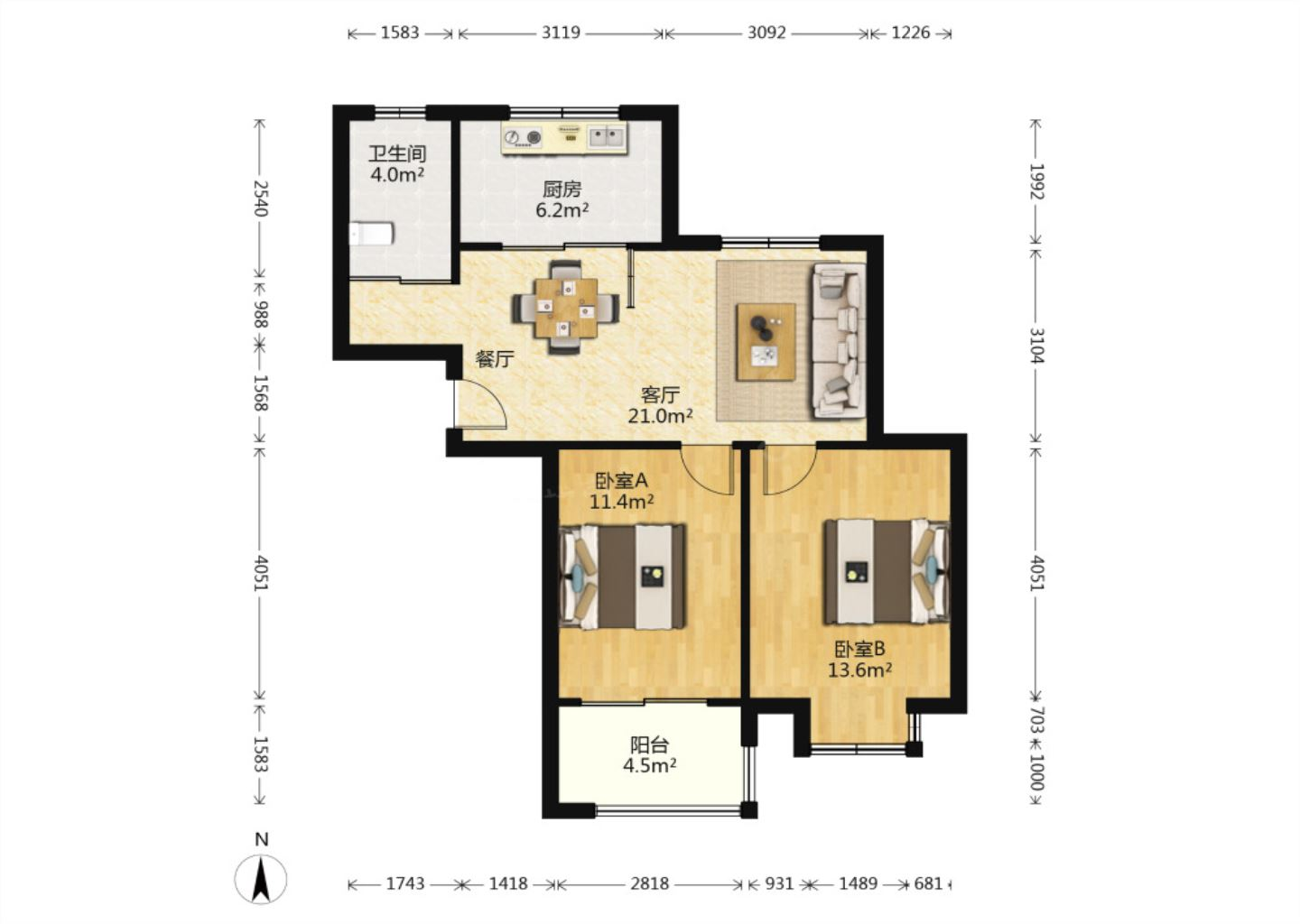 惠泽苑 2室2厅1卫 90.12m²