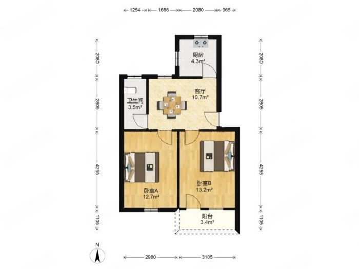 郭里园 2室1厅1卫 64.00m&sup2;