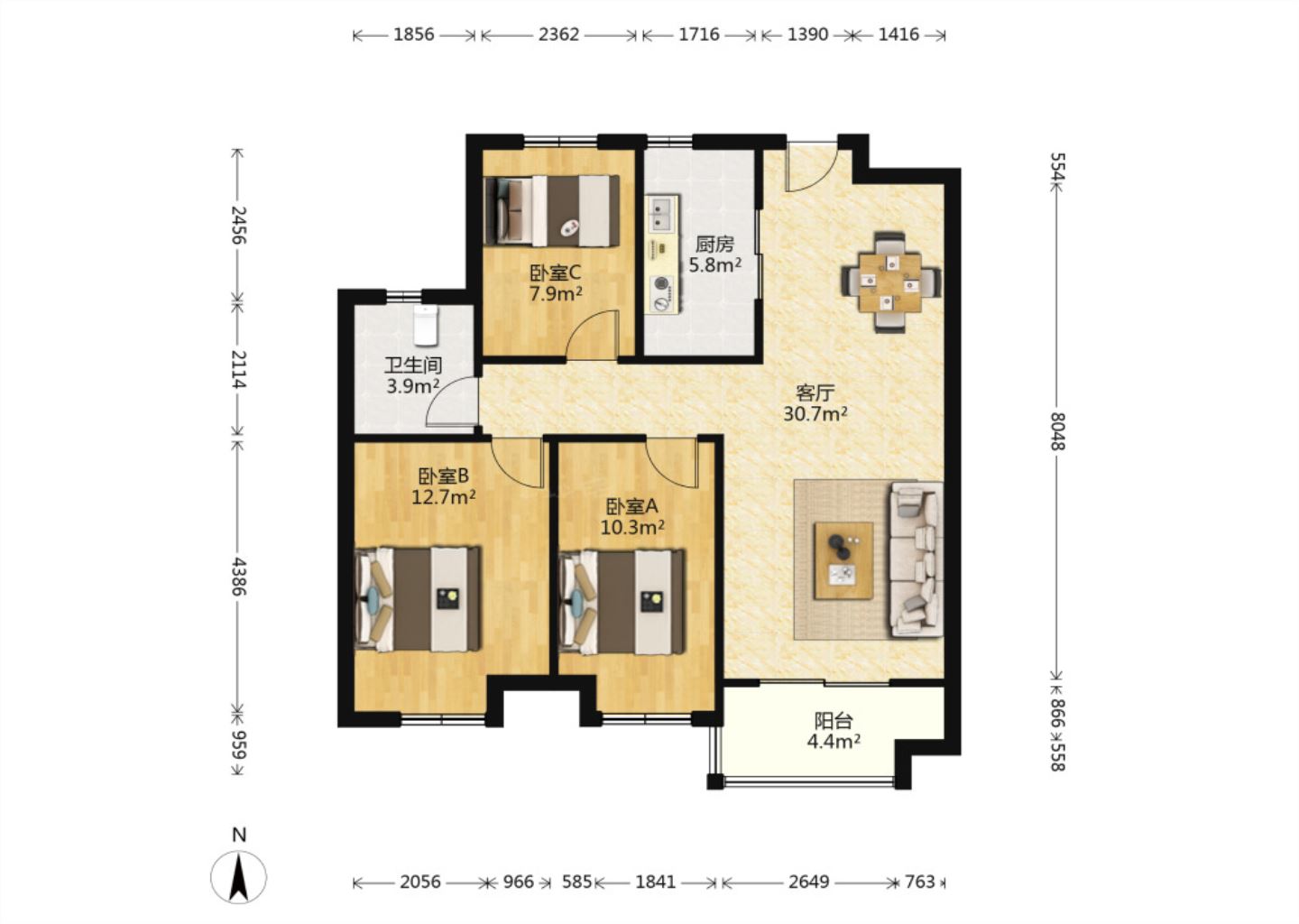 保利香槟国际 3室2厅3卫 101.00m&sup2;