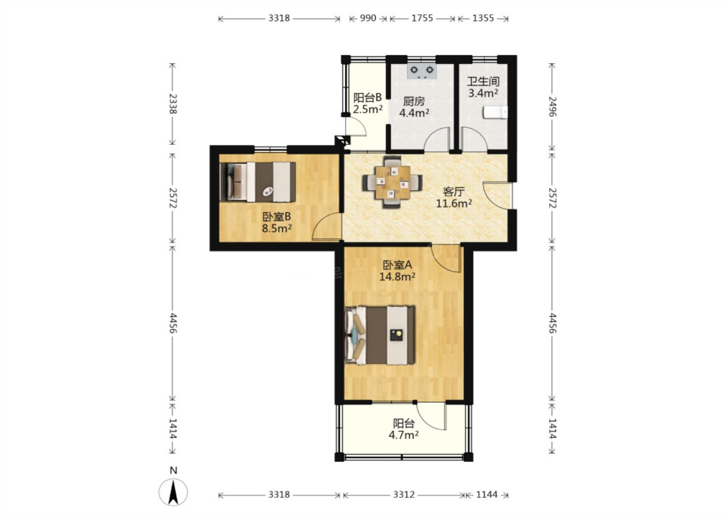光明东村一期 2室1厅1卫 59.90m&sup2;