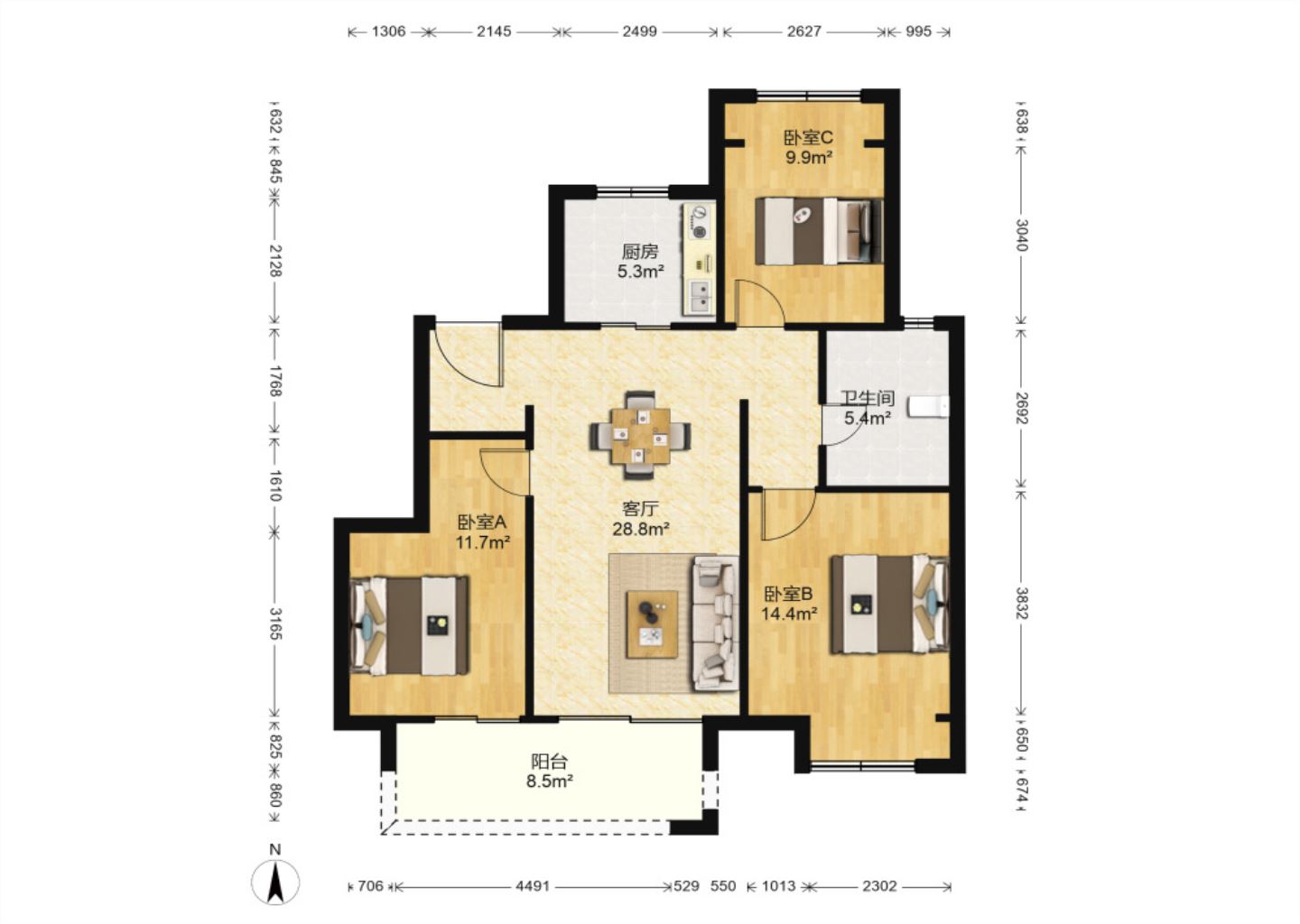 万科翡翠东第 3室2厅1卫 101m&sup2;