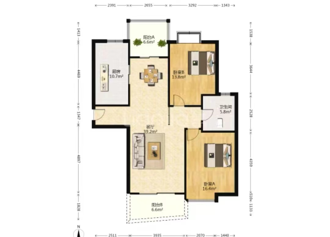 中南世纪城南区 2室2厅1卫 120.00m&sup2;