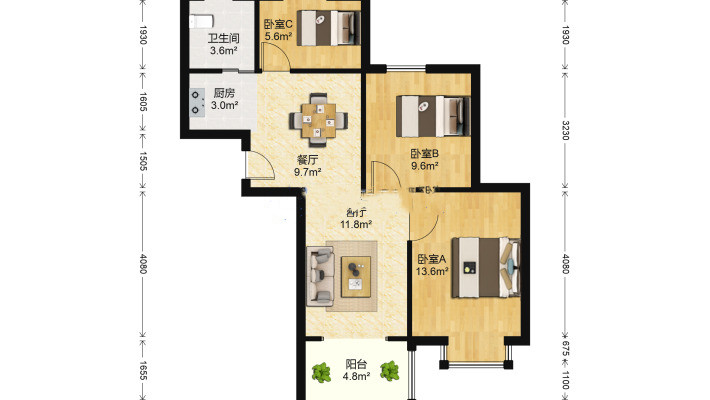 惠泽苑 3室1厅1卫 120m&sup2;