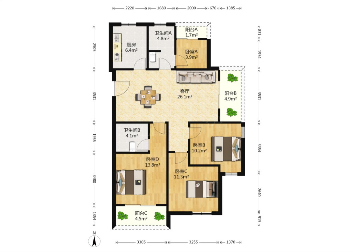 江湾国际中心 3室2厅1卫 98m&sup2;