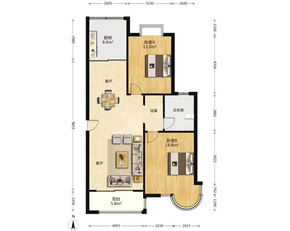 中天福邸 2室2厅1卫 111.2m&sup2;