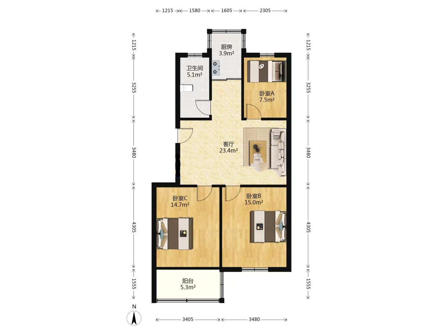 五山新苑 3室2厅2卫 90m&sup2;