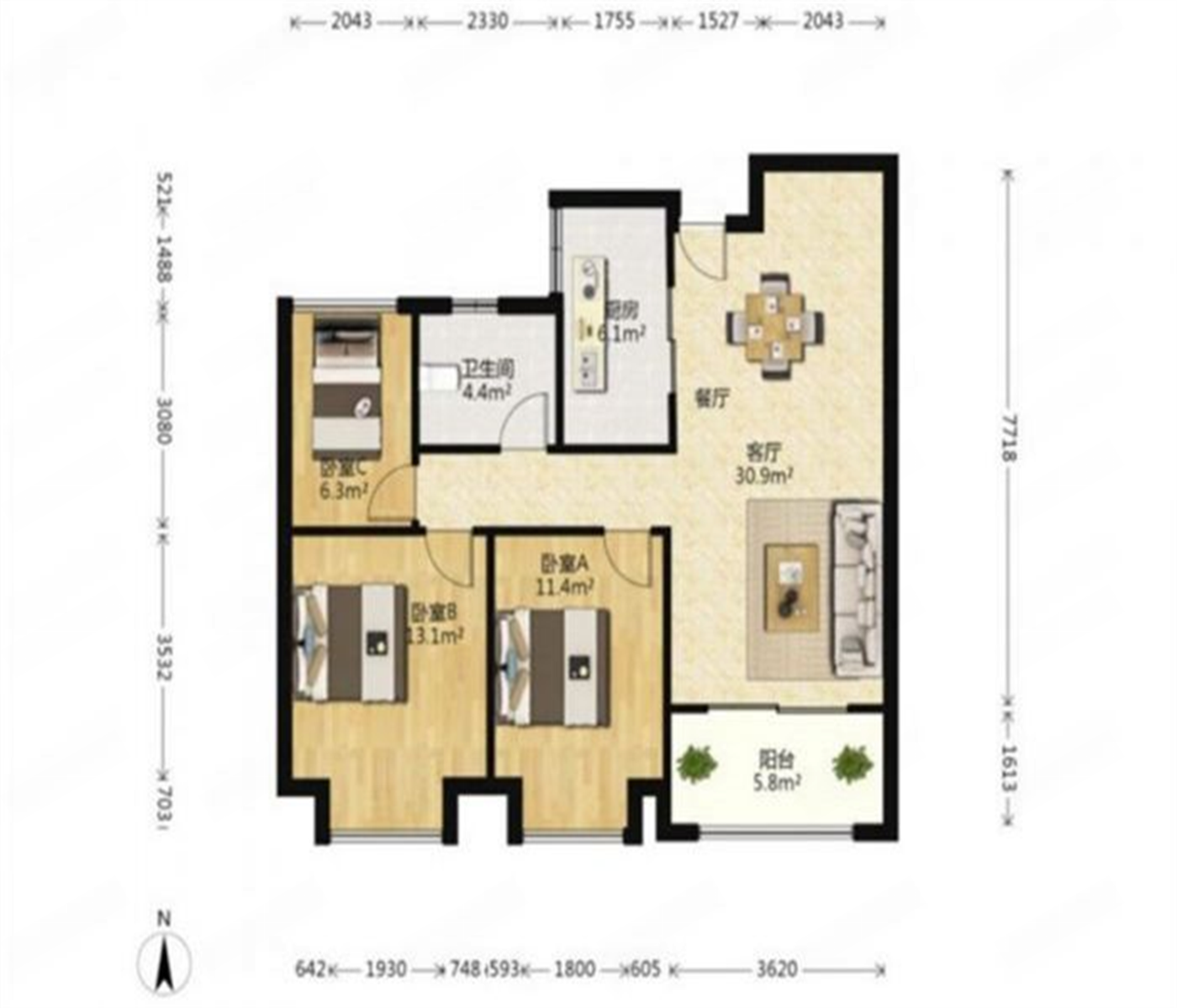 中南世纪花城三期 3室2厅1卫 102m&sup2;