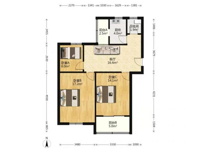 富贵园 2室1厅1卫 87m&sup2;