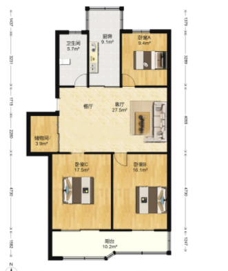 前景花苑 3室2厅1卫 110.00m&sup2;