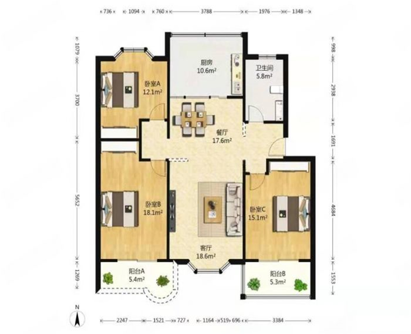 东方花苑 3室1厅1卫 119m&sup2;