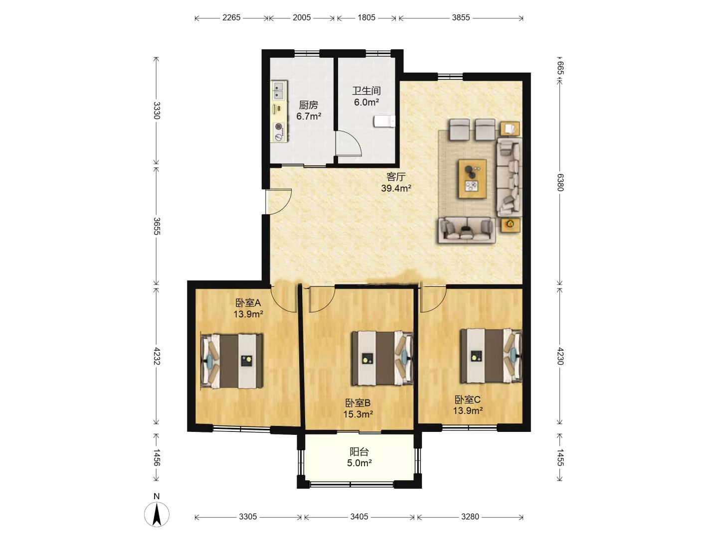 五山家园 3室2厅1卫 115.97m&sup2;