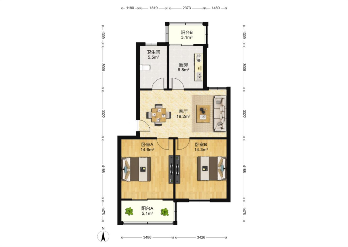 新苑华庭 2室2厅1卫 82m&sup2;