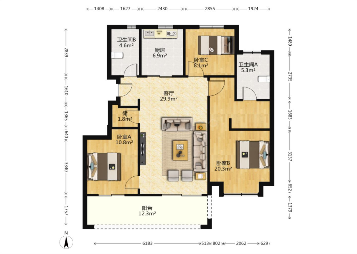 龙湖天宸源著 3室2厅2卫 117m&sup2;