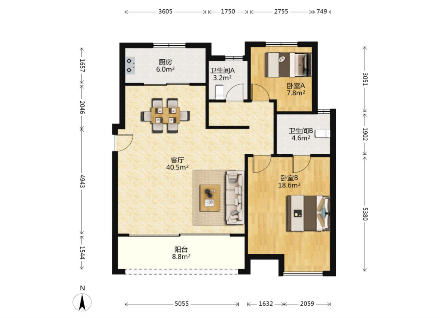万科翡翠东第 3室2厅1卫 108.00m&sup2;