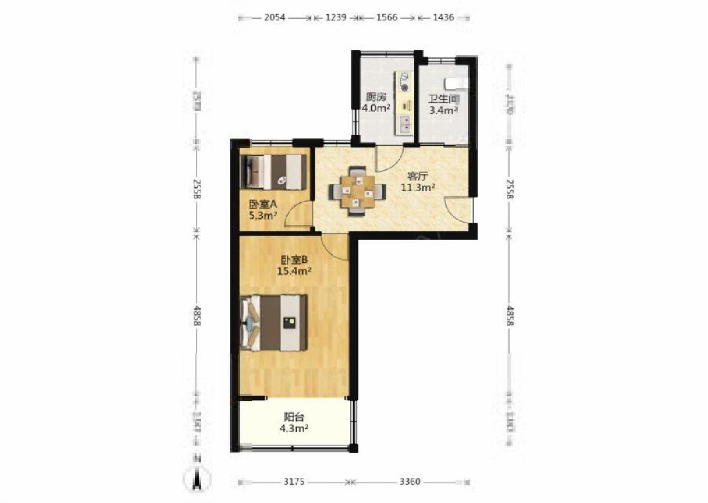 白家园 2室1厅1卫 54.5m&sup2;