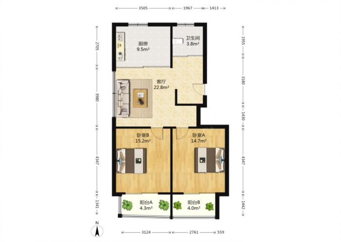 东晖花园 2室2厅1卫 93m&sup2;