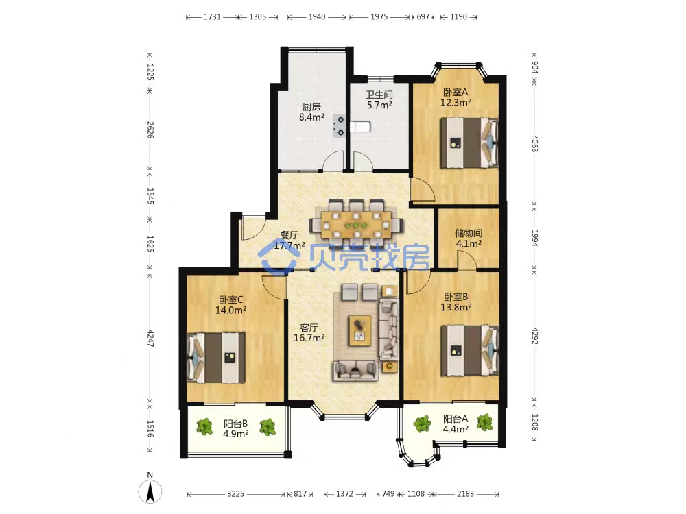东方花苑 3室2厅1卫 118.00m&sup2;