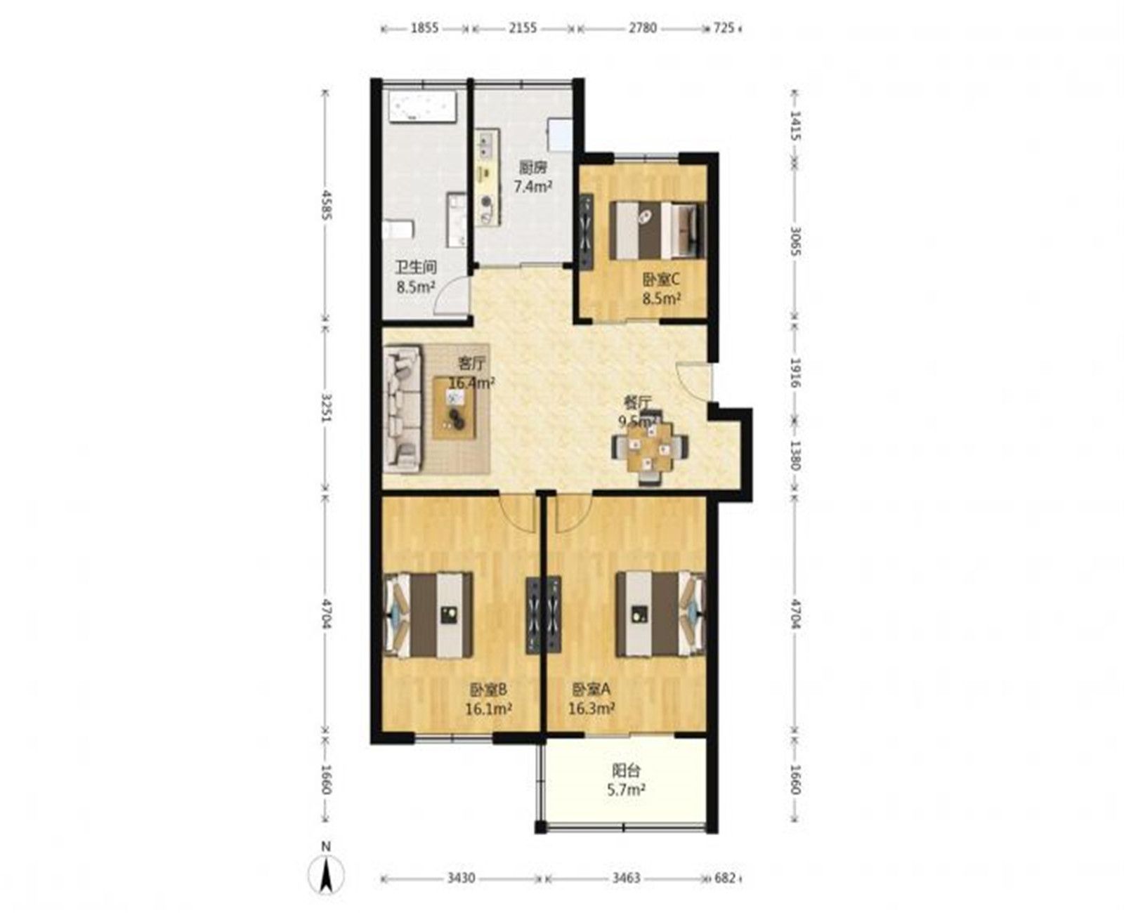 白家园 3室1厅1卫 86.43m&sup2;