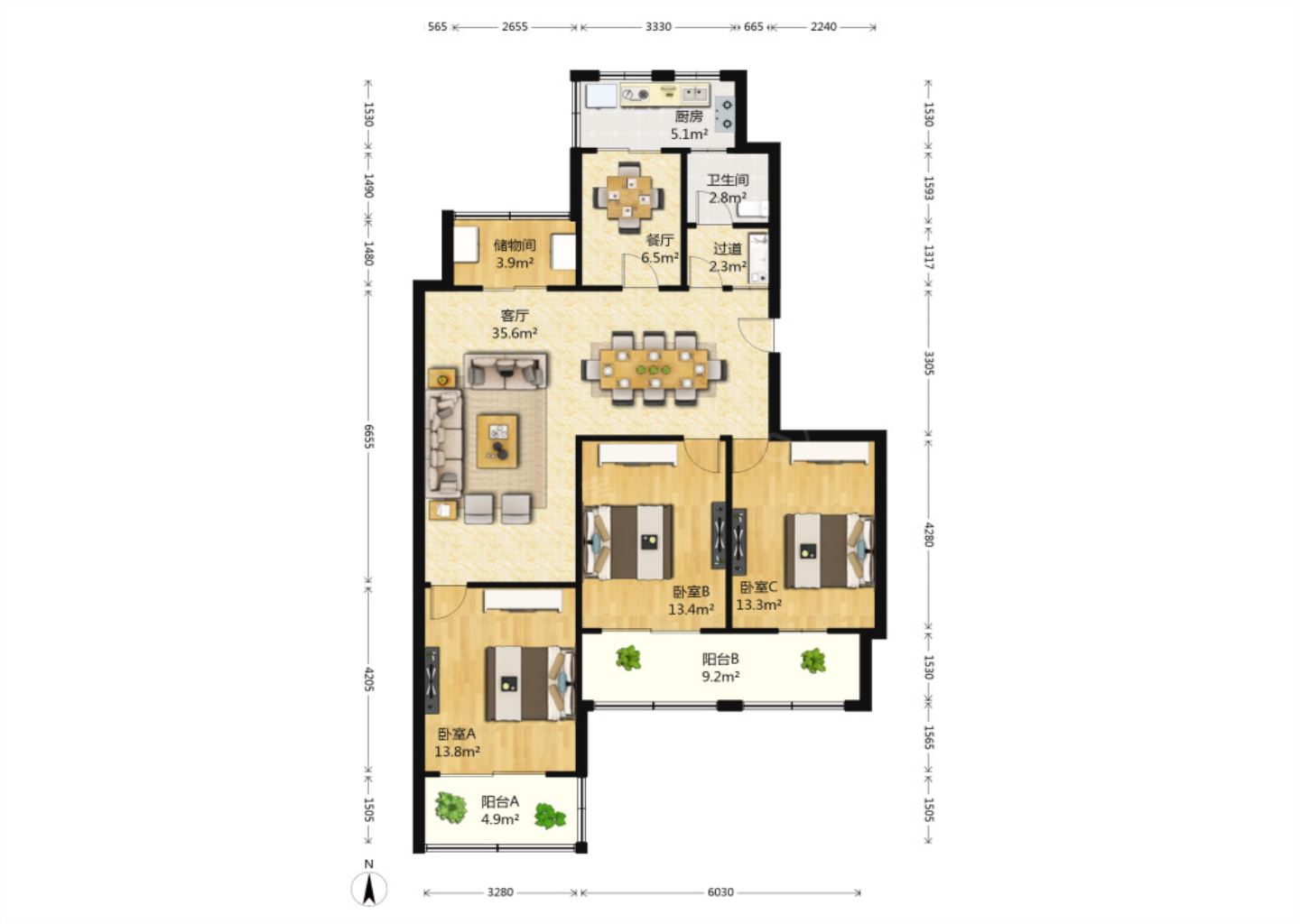 华侨花苑 3室2厅2卫 131.90m&sup2;