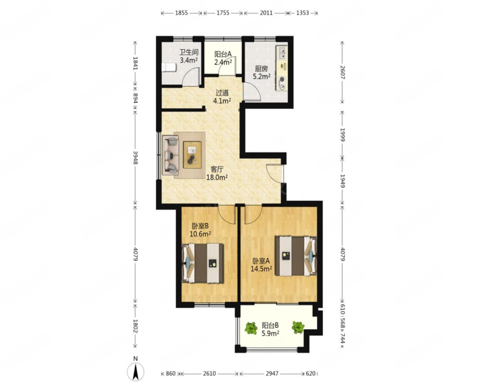 兴石花园 2室1厅1卫 85.00m&sup2;