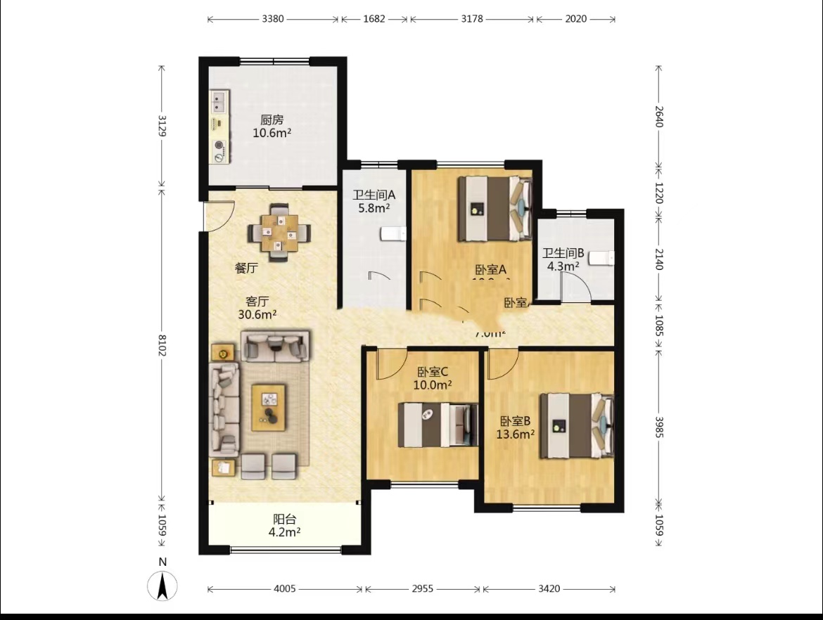 中南世纪花城二期 3室2厅2卫 128.97m&sup2;