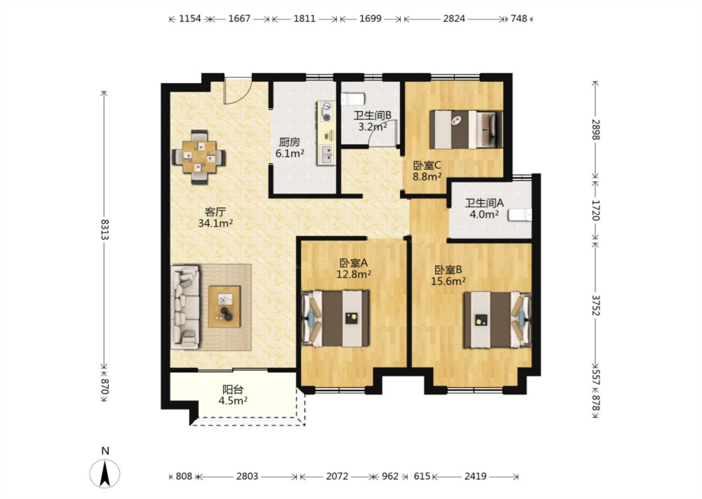 保利香槟国际 3室2厅2卫 116.00m&sup2;