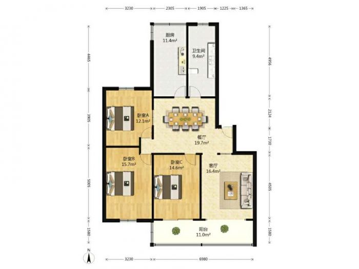 新海通花园 3室2厅1卫 129m&sup2;