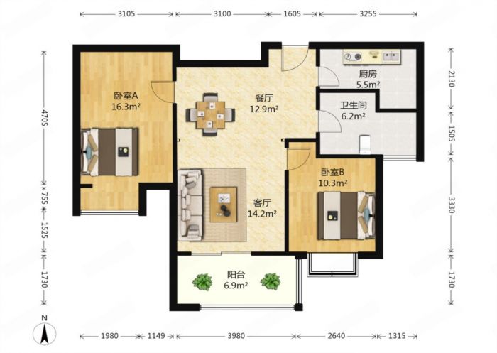 恒盛豪庭 2室2厅1卫 94.00m&sup2;
