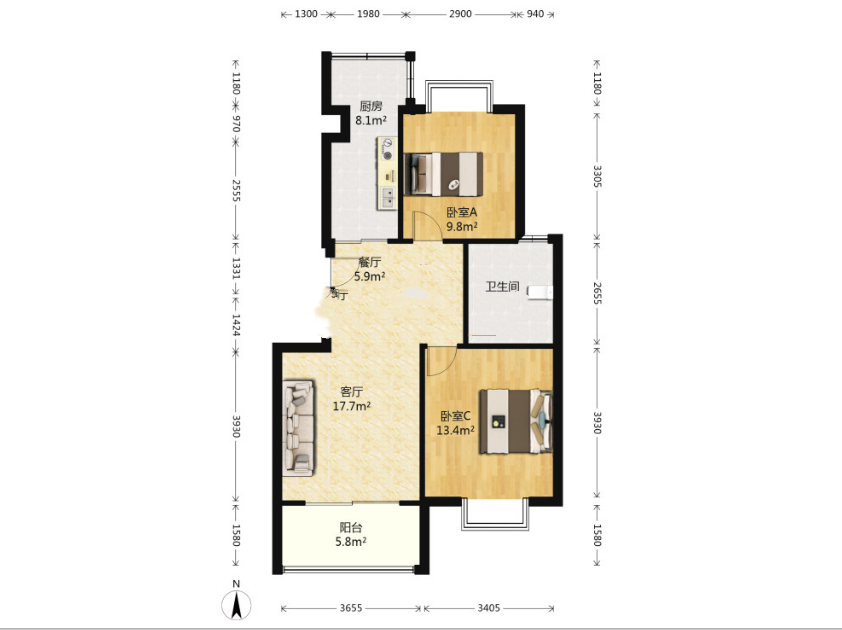 东大城市花园 2室2厅1卫 84.15m&sup2;