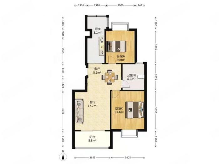东大城市花园 2室1厅1卫 84.5m&sup2;
