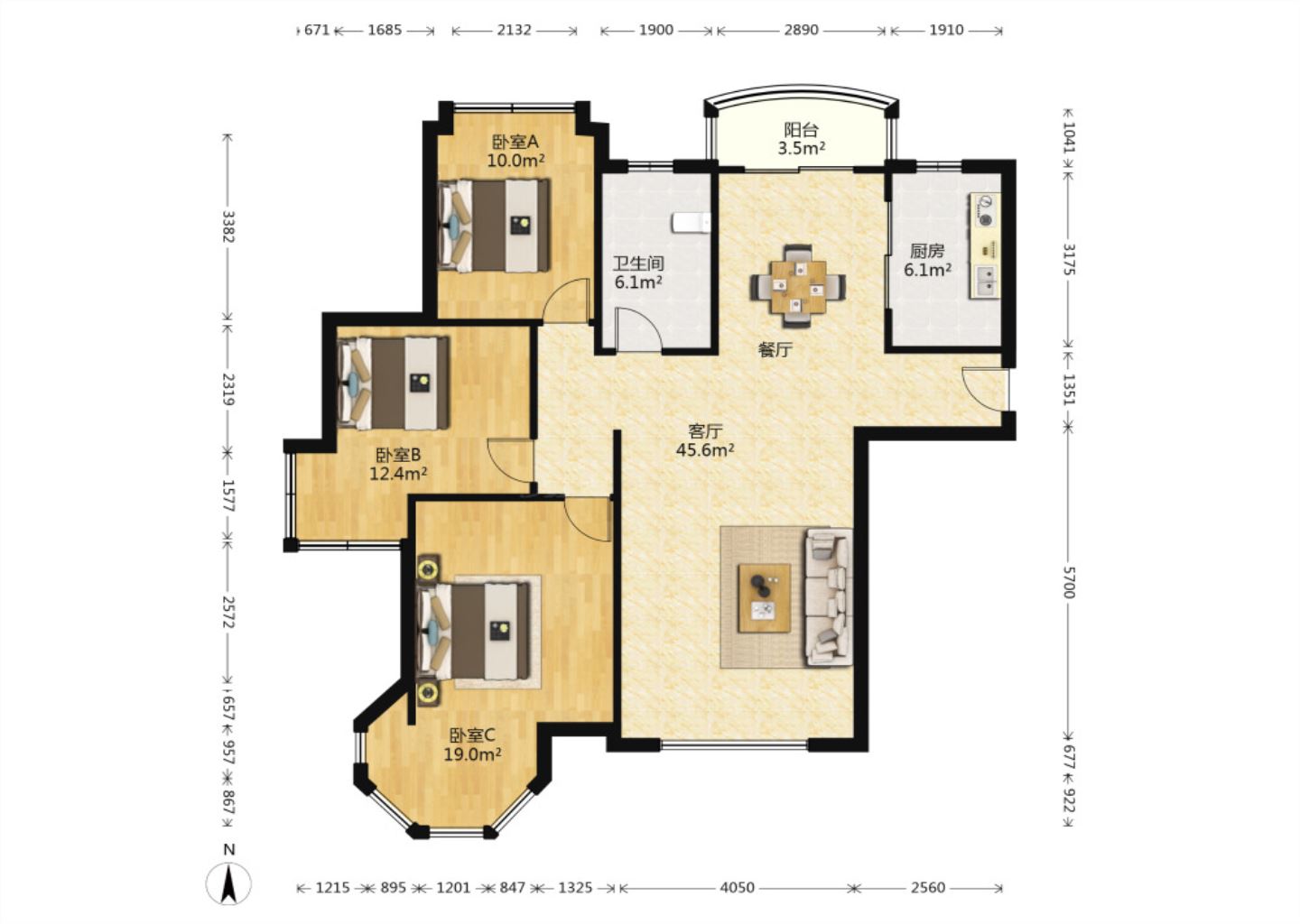 中南世纪花城一期 3室2厅1卫 135.96m&sup2;