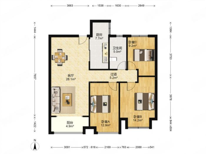 万达华府 3室2厅1卫 92m&sup2;